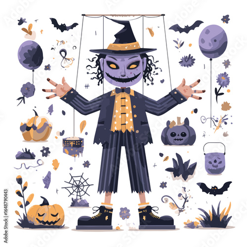 Halloween Creepy Marionette isolated in White background, silhouette Set, Halloween theme, Vector illustration
