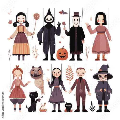 Halloween Creepy Marionette isolated in White background, silhouette Set, Halloween theme, Vector illustration