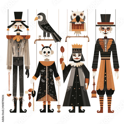 Halloween Creepy Marionette isolated in White background, silhouette Set, Halloween theme, Vector illustration