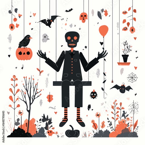 Halloween Creepy Marionette isolated in White background, silhouette Set, Halloween theme, Vector illustration