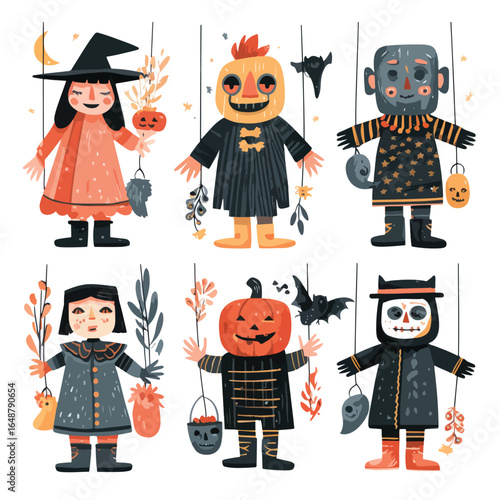 Halloween Creepy Marionette isolated in White background, silhouette Set, Halloween theme, Vector illustration