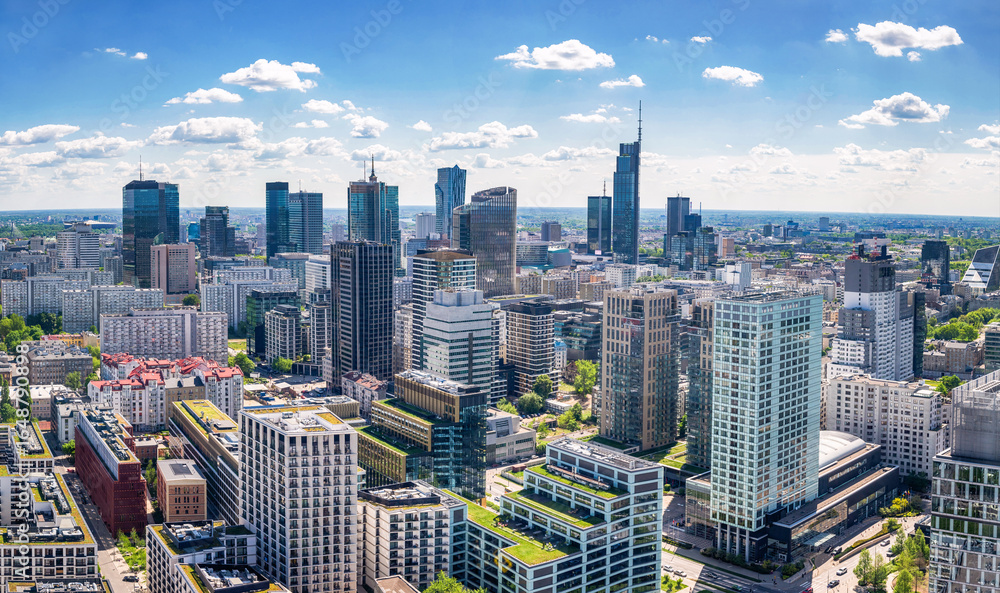 Fototapeta premium Panoramic. view of modern skyscrapers and business centers in Warsaw. View of the city center from above. Warsaw, Poland.