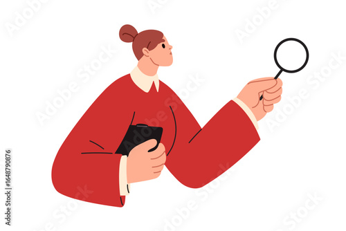Woman with magnifying glass. Employee exploring, studying with magnifier lens for research, business analysis, inspection, audit and check. Flat vector illustration isolated on white background