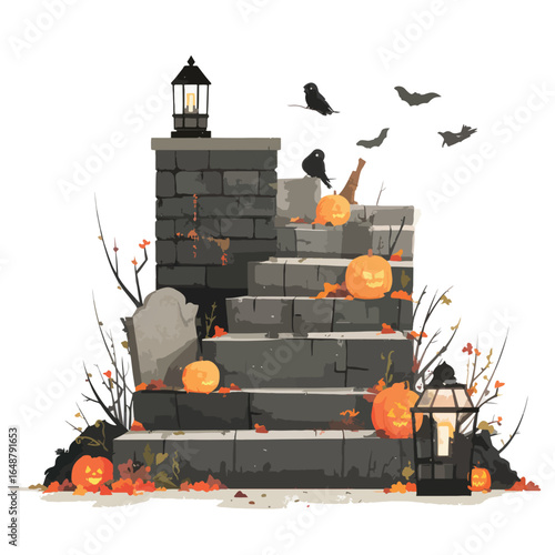 Halloween Creepy Staircase isolated in White background, silhouette Set, Halloween theme, Vector illustration