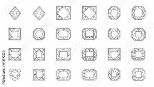 Illustration showing twenty one geometric shapes with internal line designs on a white background