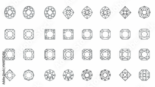 Illustration of various geometric shapes with intricate line patterns arranged in a grid formation design