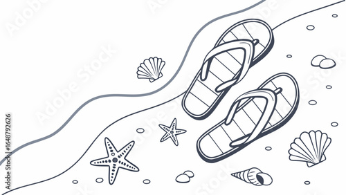Illustration of flip flops on a beach with seashells and starfish in a black and white outline style