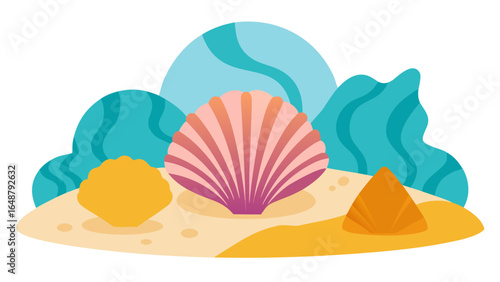 Seashells on the beach with blue ocean waves and sandy ground in a cartoon style illustration