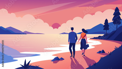 A couple walking on a beach at sunset with mountains and trees in the background and clouds in the sky