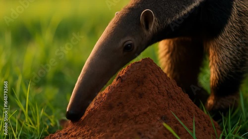 Tamandua Anteater Examining an Anthill in the Grass