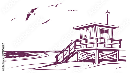 Lifeguard station on a beach with birds flying in the sky in a simple line drawing illustration style