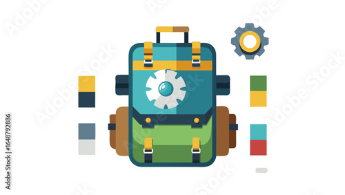 Illustration of a blue and green backpack with a white flower and a gear icon to the right side