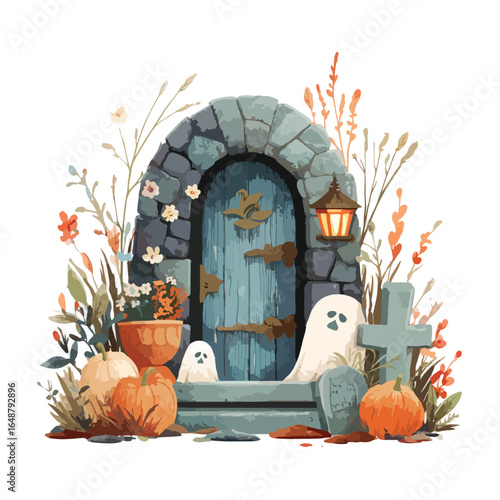Halloween Crypt Door isolated in White background, silhouette Set, Halloween theme, Vector illustration