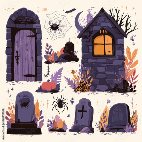Halloween Crypt Door isolated in White background, silhouette Set, Halloween theme, Vector illustration