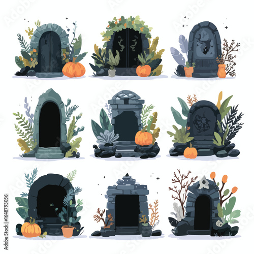 Halloween Crypt Door isolated in White background, silhouette Set, Halloween theme, Vector illustration