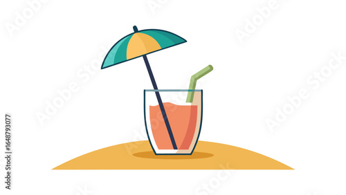 Illustration of a refreshing drink with a straw and an umbrella on a tan surface design vector