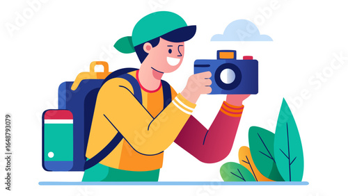 Illustration of a tourist with a backpack taking a photo with a camera in a nature setting scene