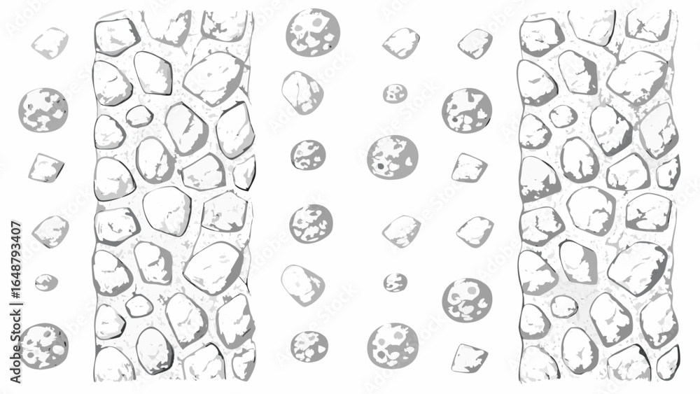 Illustration showing two stone walls with various loose stones scattered around in a gray scale design