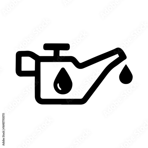 Oil Can Warning Symbol in Minimalist Style. Black and white minimalist icon of an oil can with a drop, symbolizing engine oil warning or lubrication indicator, isolated on a light background.