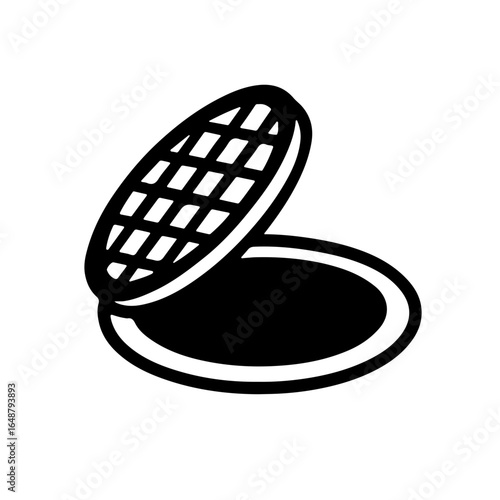 Open Manhole Cover Icon in Minimalist Black and White. Black and white minimalist icon of an open manhole cover with grid pattern, representing sewer, drainage, or underground access, isolated on a   