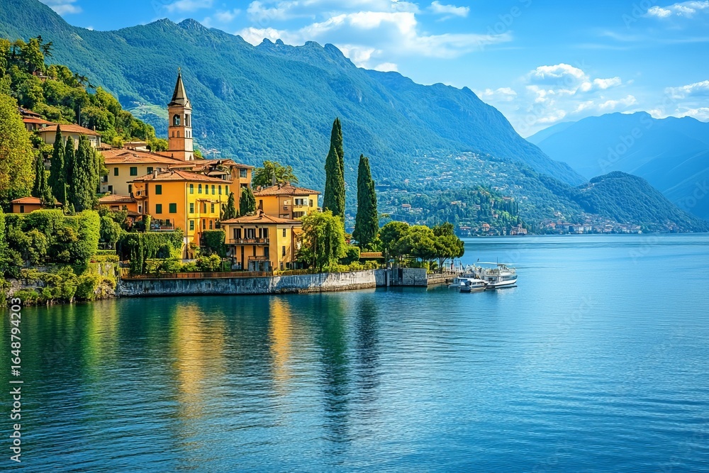 Fototapeta premium Colorful lakefront town, mountains, sunny day