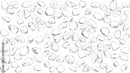 Illustration of numerous small white and gray stones scattered across a white background in a random pattern