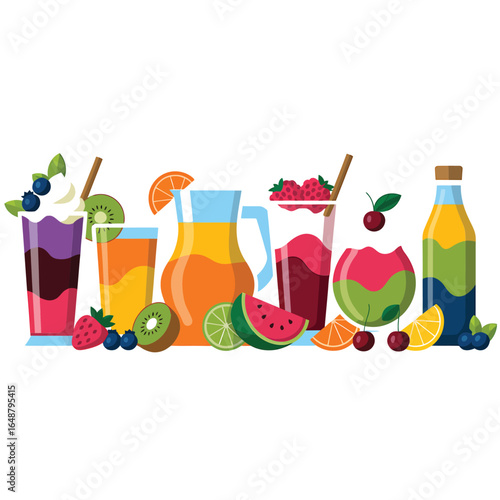 Colorful assortment of fresh fruit juices and smoothies