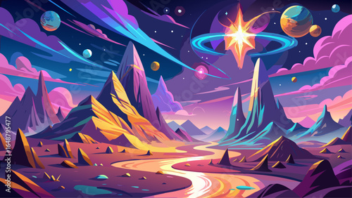 From a low angle view, an enchanted celestial landscape unfolds, filled with surreal and vivid dreamworld scenery where radiant stars shimmer above luminous mountains bathed in a mystical glow.