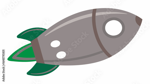 Illustration of a gray rocket with green fins and white portholes on a white background design art