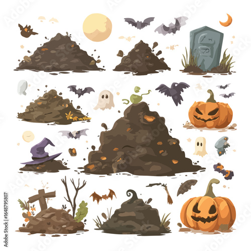 Halloween Dirt Mound isolated in White background, silhouette Set, Halloween theme, Vector illustration
