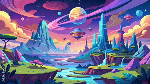 From a low angle view, an enchanted celestial landscape unfolds, filled with surreal and vivid dreamworld scenery where radiant stars shimmer above luminous mountains bathed in a mystical glow.