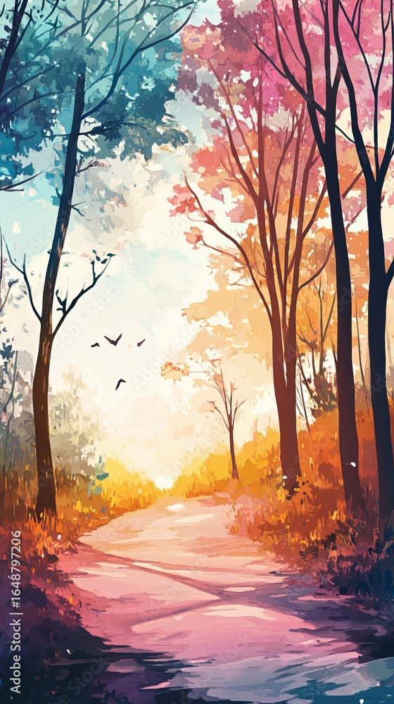 Fototapeta premium Colorful path through a vibrant forest at sunrise