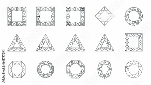 Representation of fifteen geometric shapes constructed with metal rods and cross bracing patterns