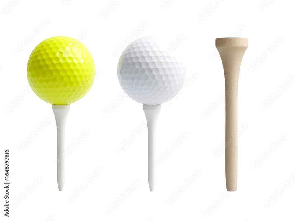 Golf Balls on Tees Yellow White and Wood golf tee sport Golf Balls on Tees Yellow White and Wood golf tee sport