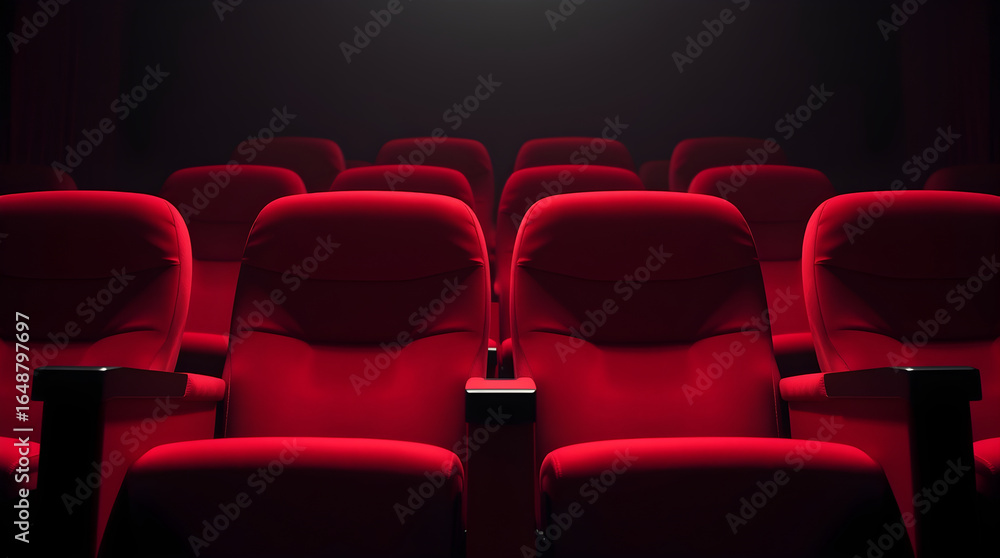 Fototapeta premium Empty red cinema chairs waiting for audience in dark theater