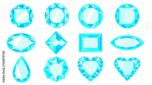 Illustration showcasing twelve light blue gemstones in various shapes on a white background design element