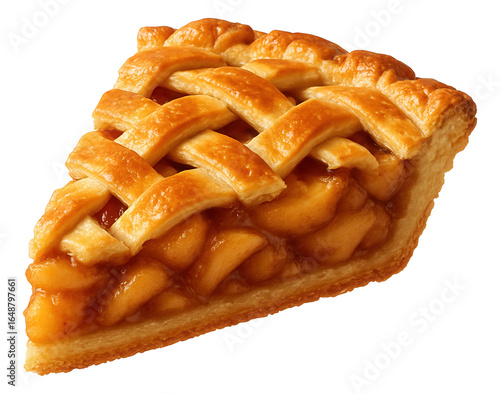 Apple pie slice with visible lattice crust and spiced apple filling.