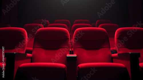 Empty red cinema chairs waiting for audience in dark theater