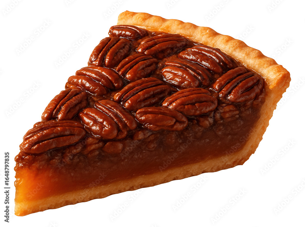 Pecan pie slice showing a nutty top layer over a gooey, rich filling. Pecan pie slice showing a nutty top layer over a gooey, rich filling.
