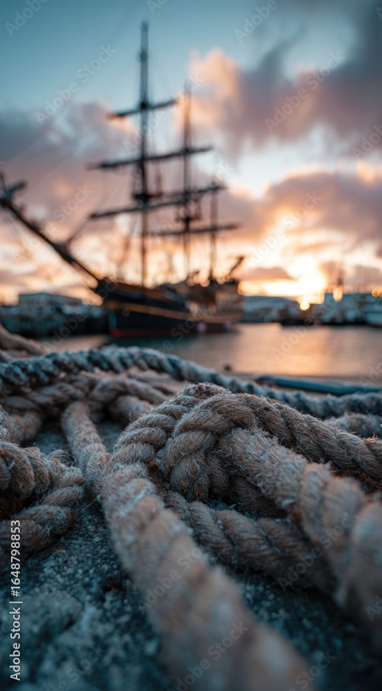 Obraz premium Knotted ropes lay foreground w/ blurred tall ship, orange sunset reflecting on water