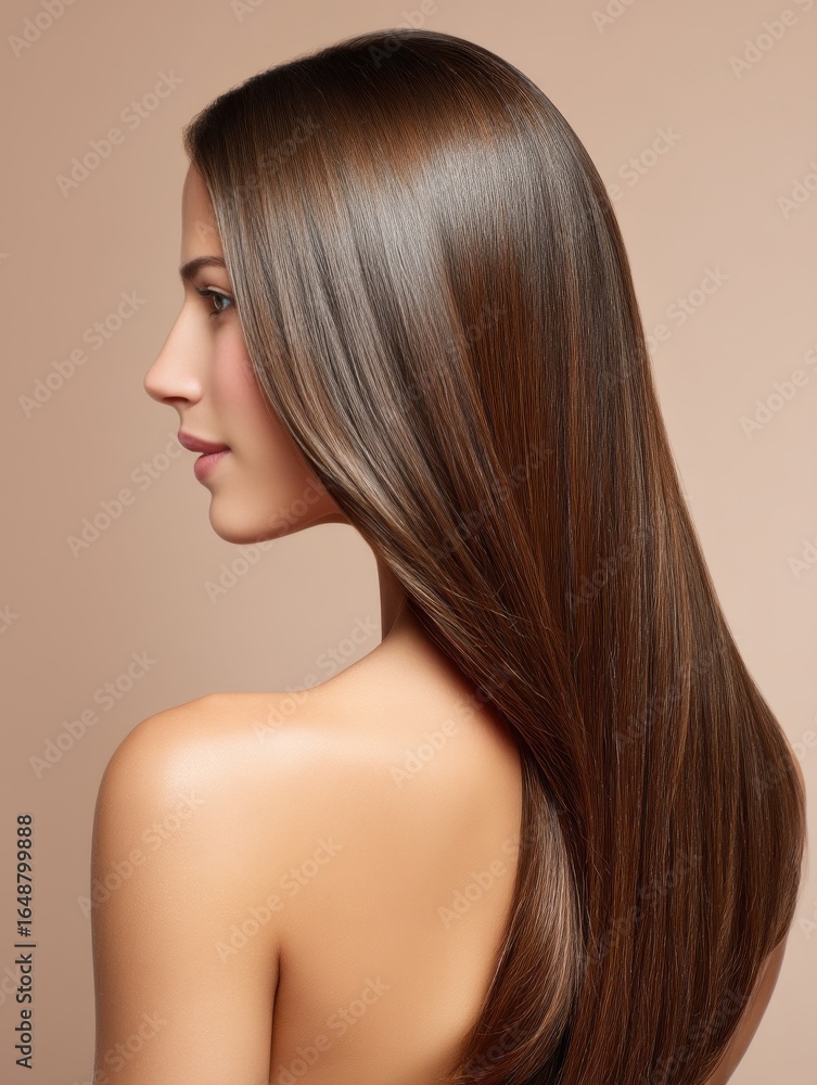 Naklejka premium beautiful woman with straight hair showing her hair