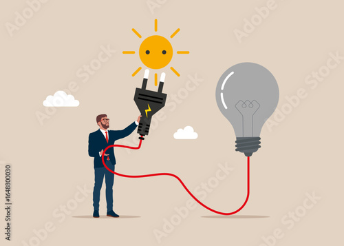 Businessman holds electricity cord to turn on the light bulb. Solution solving problem, answer to hard question or innovation help technology success. Get new idea. Vector illustration