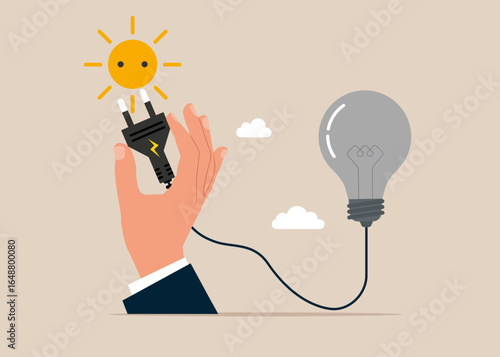 Hand holds electricity cord to turn on the light bulb. Solution solving problem, answer to hard question or innovation help technology success. Get new idea. Flat vector illustration