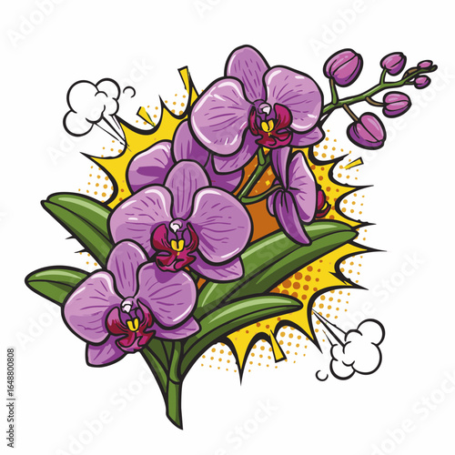 Purple orchid flowers in pop art style with bright background  