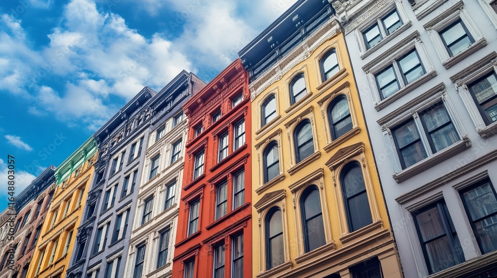 Fototapeta premium Colorful row of historic city buildings under a partly cloudy sky