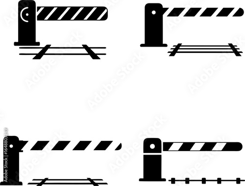 A graphic set of four different railway level crossing barrier icons representing access control and safety warnings