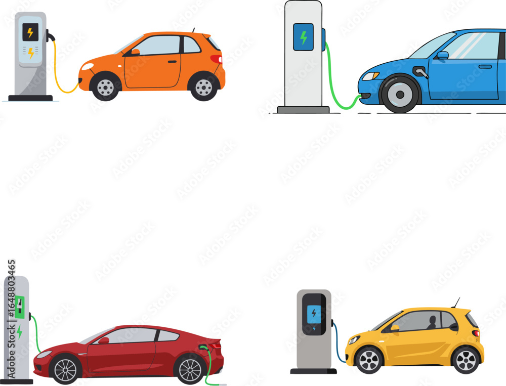 Naklejka premium Collection of modern electric cars charging at various EV stations. An illustration of sustainable transport and green energy technology.