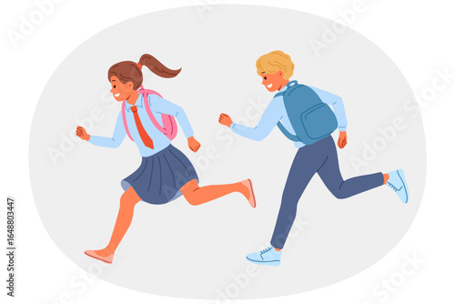 Little school children with backpacks run away from classes, not wanting to study and receive education. Happy kids laugh and rush to school to be on time for start of lessons on first of september