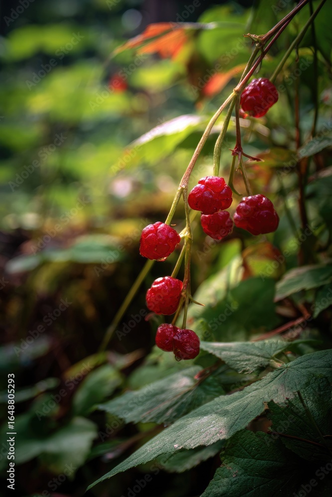 Fototapeta premium Red berries cluster on vines, bathed in sunlight