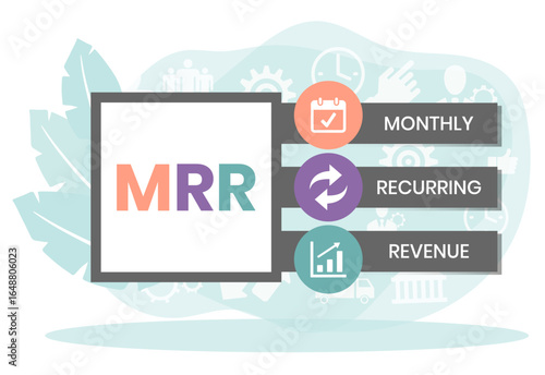 MRR - Monthly Recurring Revenue acronym, business concept. word lettering typography design illustration with line icons and ornaments. Internet web site promotion concept vector layout.